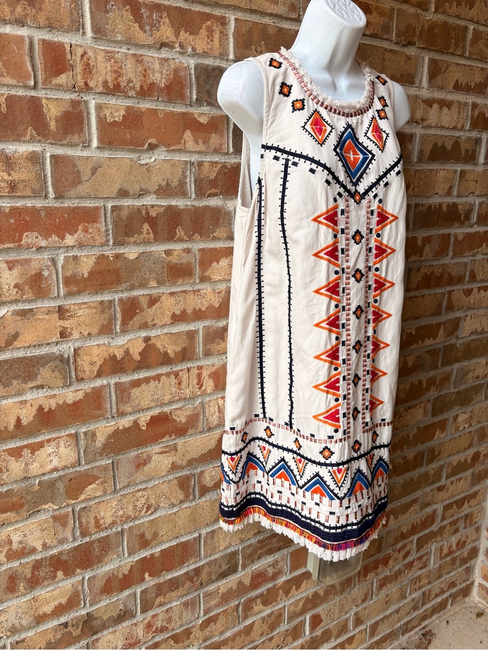 Anthropologie Cream Embroidered Tribal Shift Dress with Red & Blue Accents 12 - Picture 7 of 11